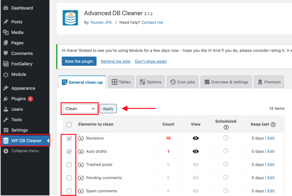 WordPress admin dashboard database optimization