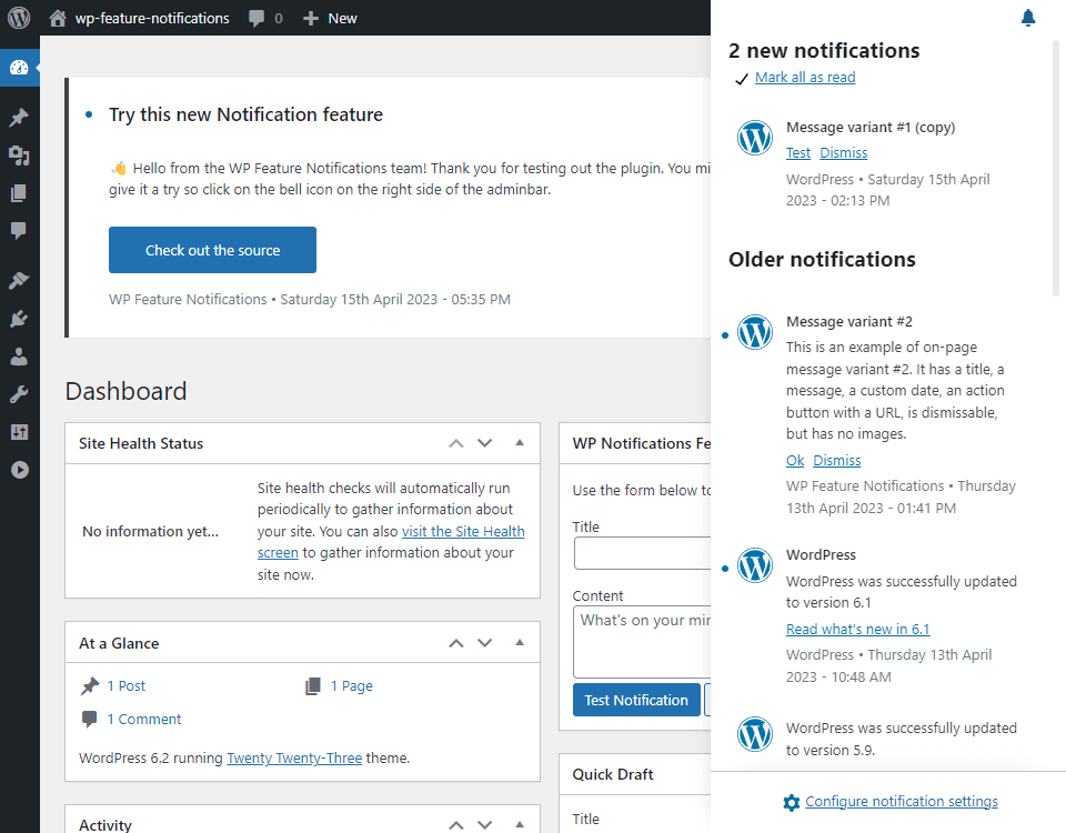 WordPress core update notification screen
