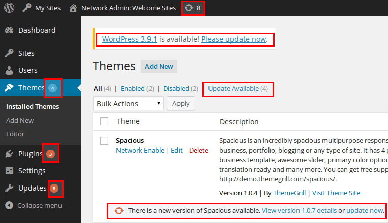 WordPress plugins update notification dashboard