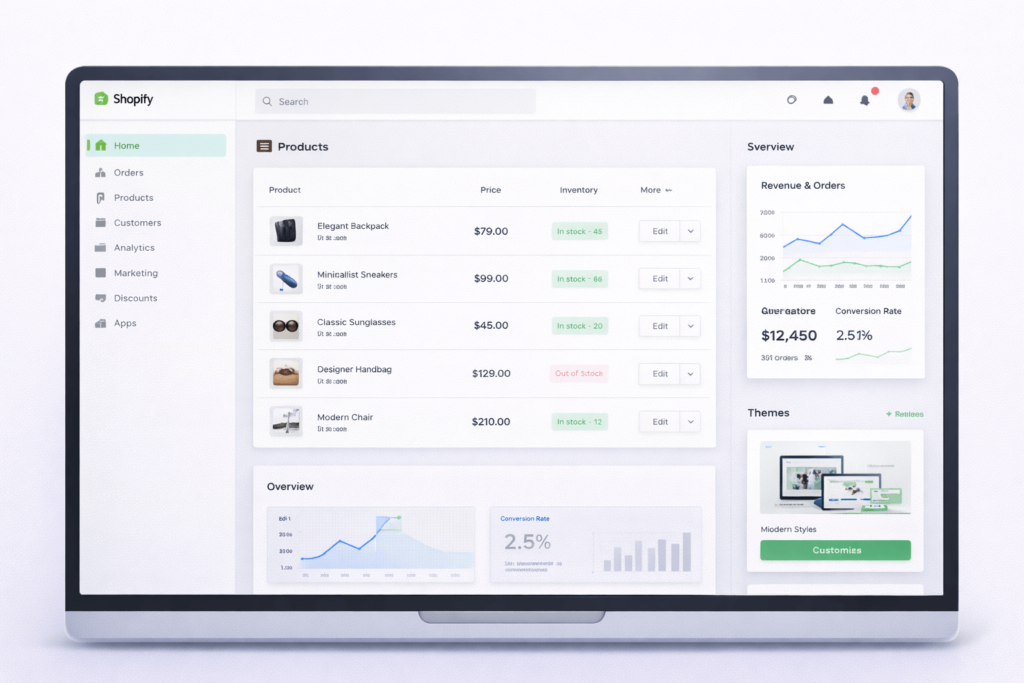 Shopify dashboard showing products, sales stats, and themes
