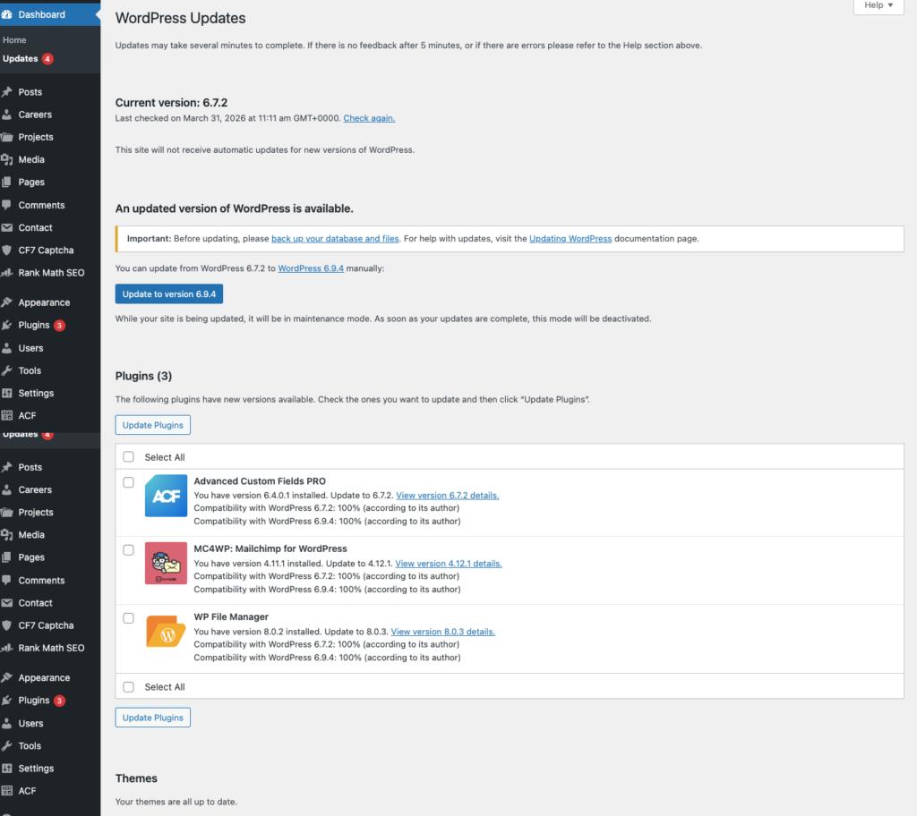 WordPress hacked fix updates screen