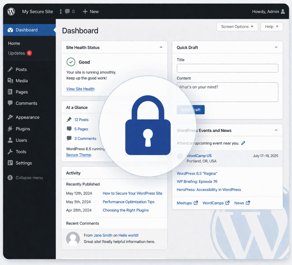 WordPress dashboard with a padlock icon