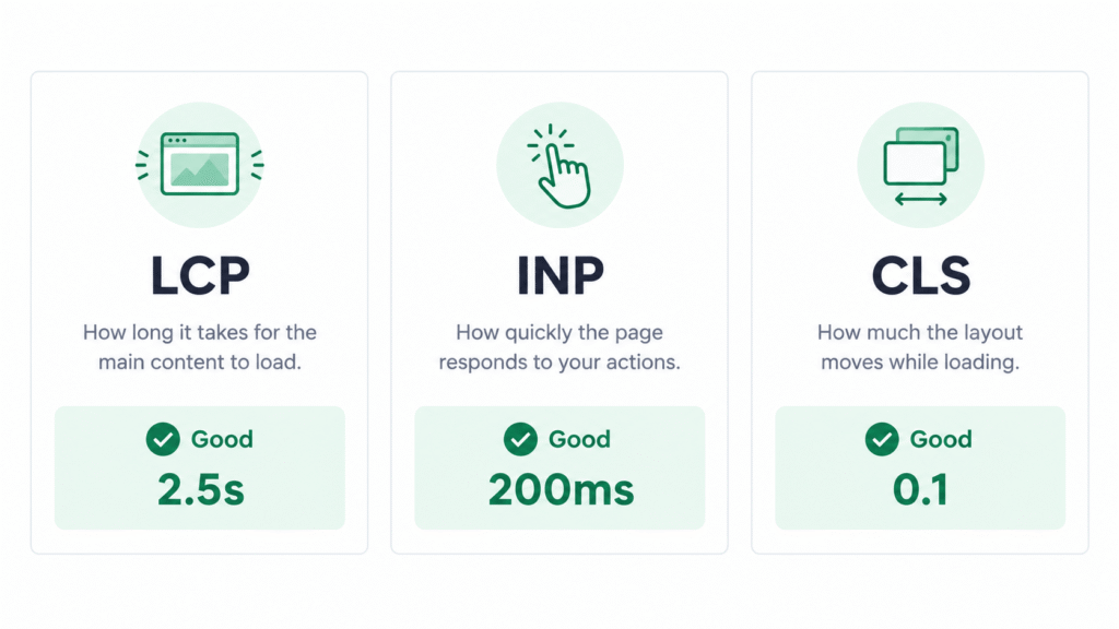 Core Web Vitals good thresholds: LCP 2.5 seconds, INP 200 milliseconds, CLS 0.1